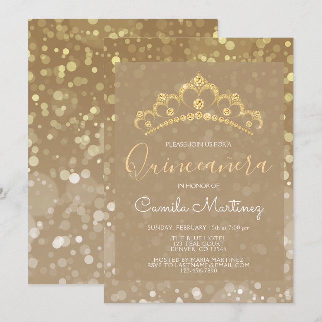 Gold Sparkly Confetti Quinceanera with Tiara Invitation (Front/Back)