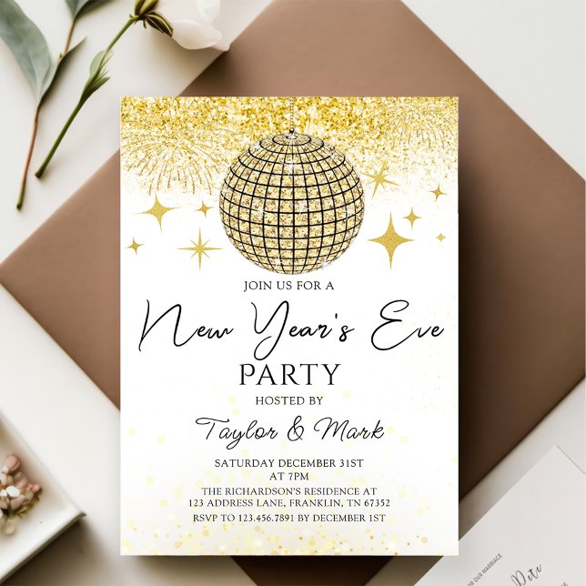 Gold Sparkly Disco Ball New Year's Eve Party Invitation (Creator Uploaded)