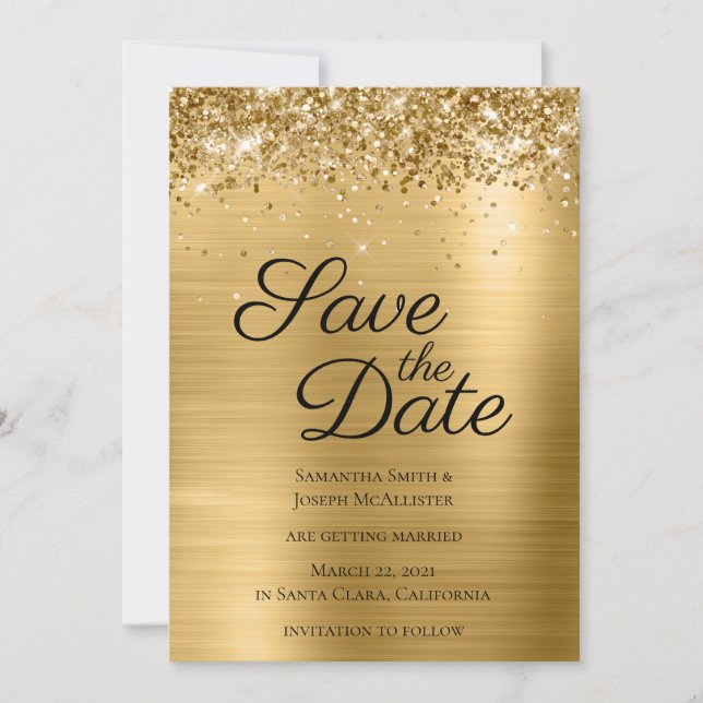 Gold Sparkly Glitter and Ombre Foil Save The Date (Front)