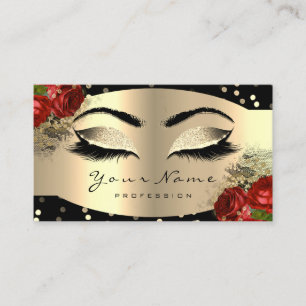 Gold Sparkly Makeup Artist Lashes Floral Red Rose Business Card