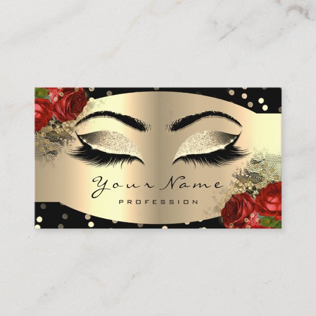 Gold Sparkly Makeup Artist Lashes Floral Red Rose Business Card (Front)