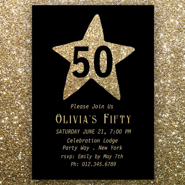 Gold Sparkly Star 50th Birthday Party Invitation (Creator Uploaded)
