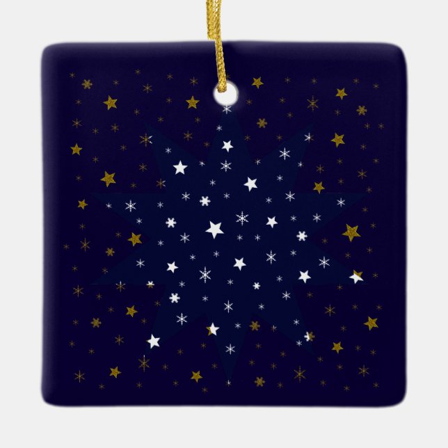 Gold Sparkly stars and white stars on blue sky Ceramic Ornament (Front)