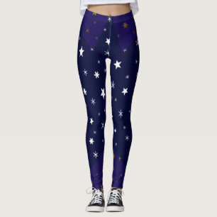 Gold Sparkly stars and white stars on blue sky Leggings