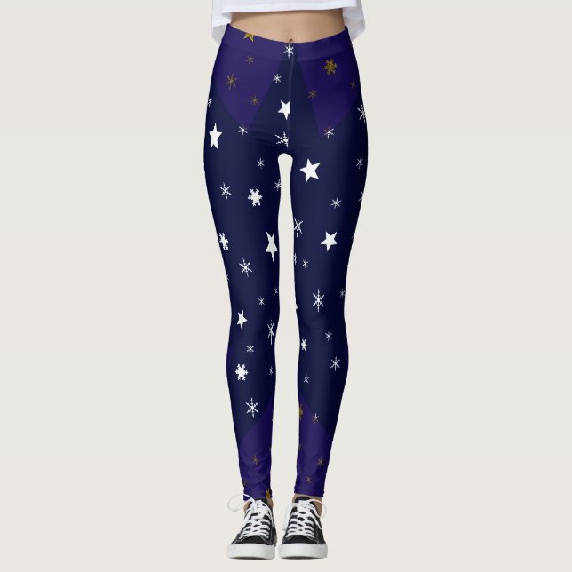 Gold Sparkly stars and white stars on blue sky Leggings (Front)