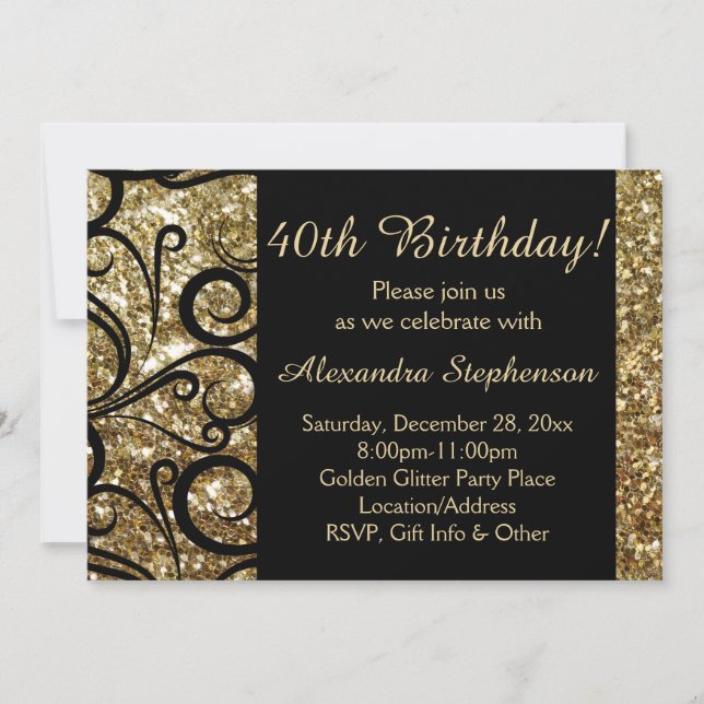 Gold Sparkly Swirl 40th Birthday Invitation (Front)