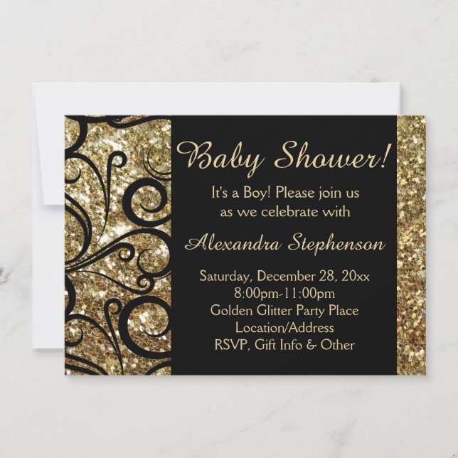 Gold Sparkly Swirl Boy Baby Shower Invitation (Front)