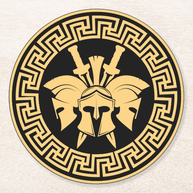 Gold Spartan Warriors Helmet Greek Pattern Round Paper Coaster (Front)