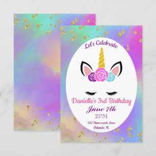 Gold Speckled Watercolor Floral Unicorn Birthday Invitation