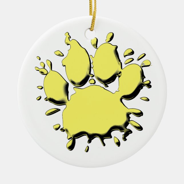 Gold Splatter Dog Paw Drawing Ceramic Ornament (Front)