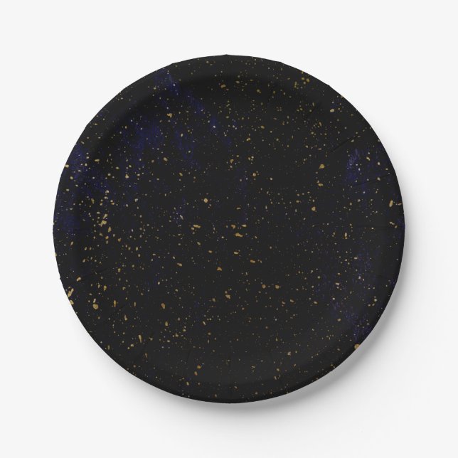 Gold Splatter Modern Chic Purple Blue Cosmic Party Paper Plate (Front)