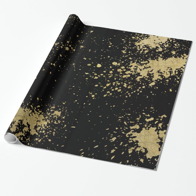 Gold Splatters On Black Wrapping Paper (Unrolled)