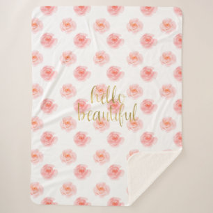 Gold Splatters Pink Roses Hello Beautiful Sherpa Blanket