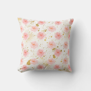 Gold Splatters Pink Roses Watercolor Outdoor Pillow