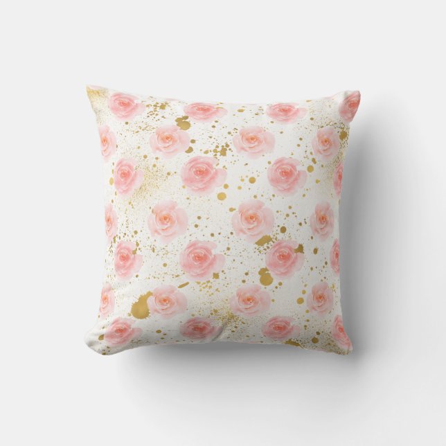 Gold Splatters Pink Roses Watercolor Outdoor Pillow (Front)