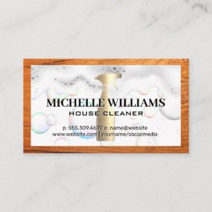 Gold Spray Bottle   Soap Suds   Wood Frame Business Card