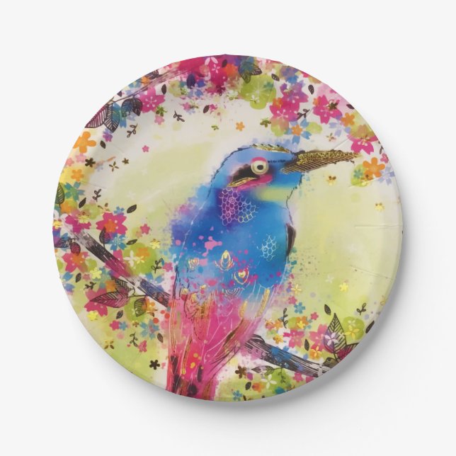 Gold Spring Bird Flower Blossom Watercolor Paper Plate (Front)