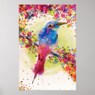 Gold Spring Bird Flower Blossom Watercolor Poster