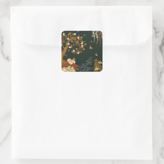 Gold Spring Floral Cherry Blossom River Night Square Sticker (Bag)