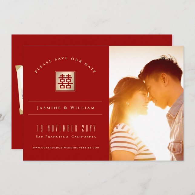 Gold Square Double Happiness Chinese Wedding Photo Save The Date (Front/Back)