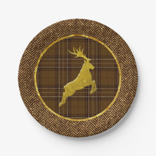 Gold Stag Plaid and Herringbone Paper Plate