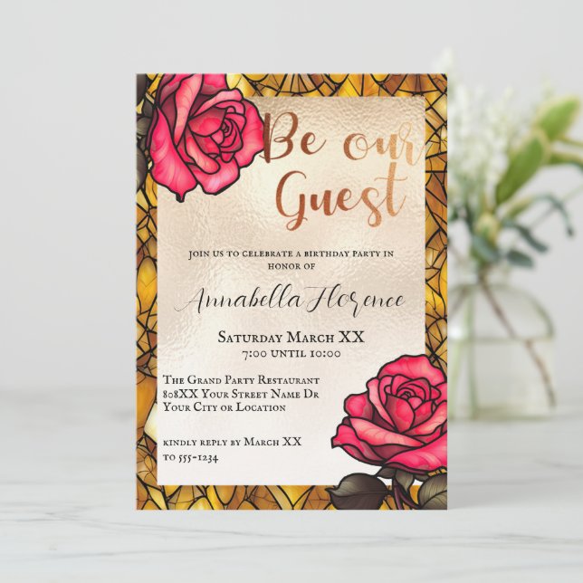 Gold Stained Glass Roses Beauty and The Beast Invitation (Standing Front)
