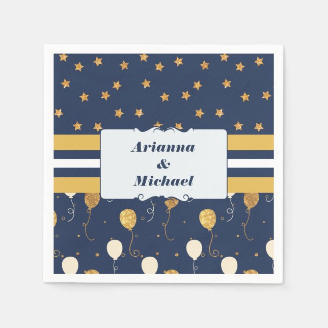 Gold Star Balloons Navy Personalized Custom Names Napkin (Front)