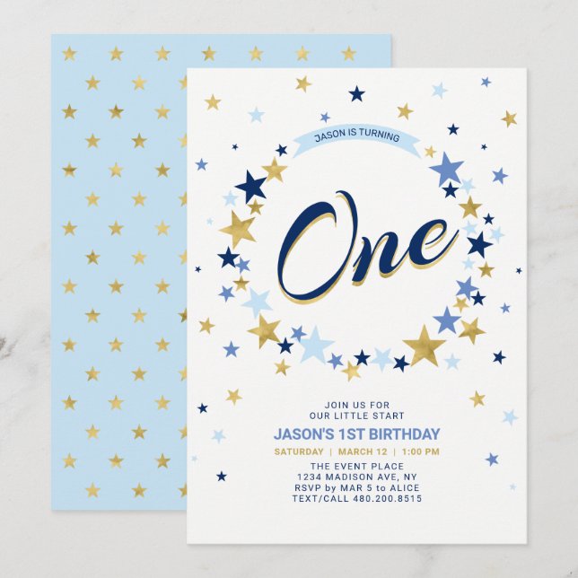 Gold Star | Boy 1st Birthday Invitation (Front/Back)