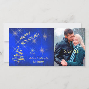 Gold Star Christmas Tree on Blue Holiday Card