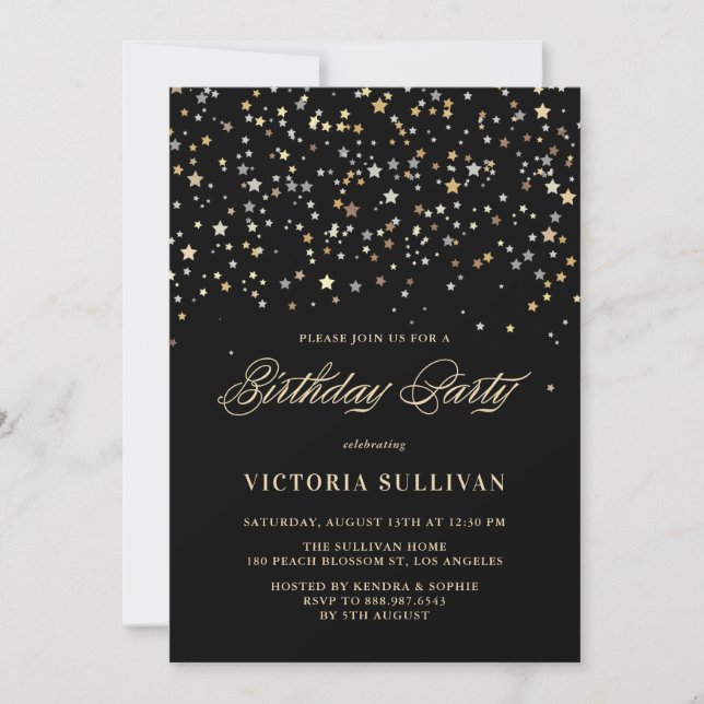 Gold Star Confetti Invitation de fête d'anniversai (Devant)