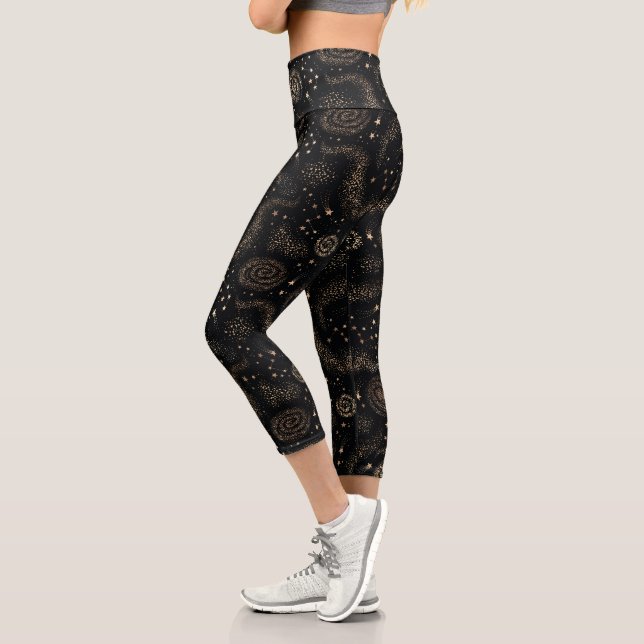 Gold Star Constellation Galaxy Pattern Capri Leggings (Left)