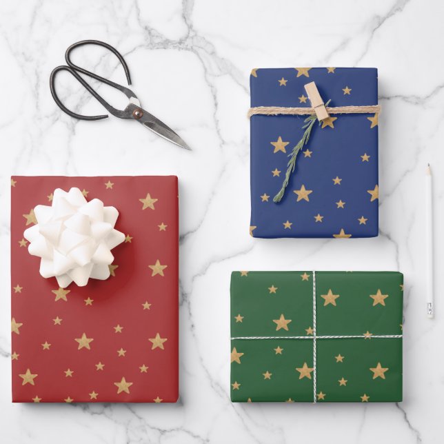 Gold Star Elegant Fantastic Holiday Red Blue Green Wrapping Paper Sheet (Front)
