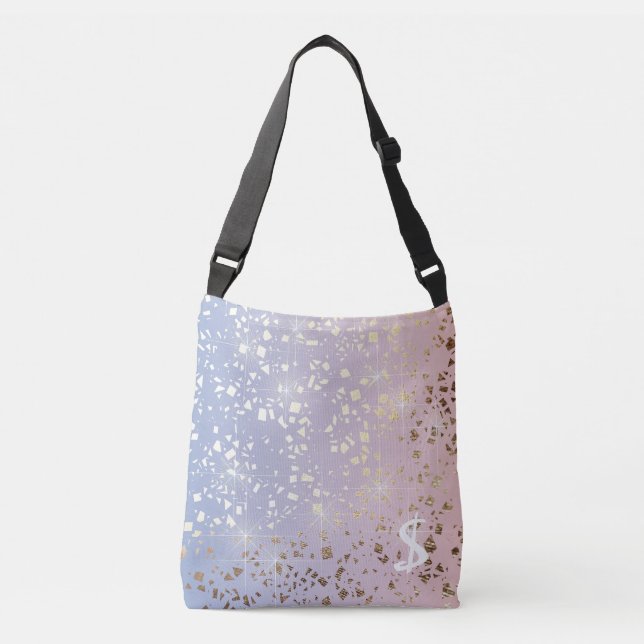 Gold Star Foil Sparkle Rose Quartz Serenity Blue Crossbody Bag (Front)