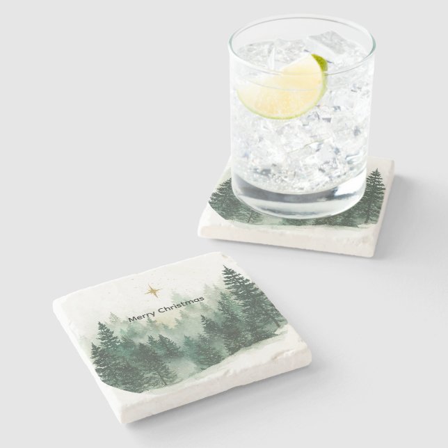 Gold Star Green Trees Christmas Stone Coaster (Side)