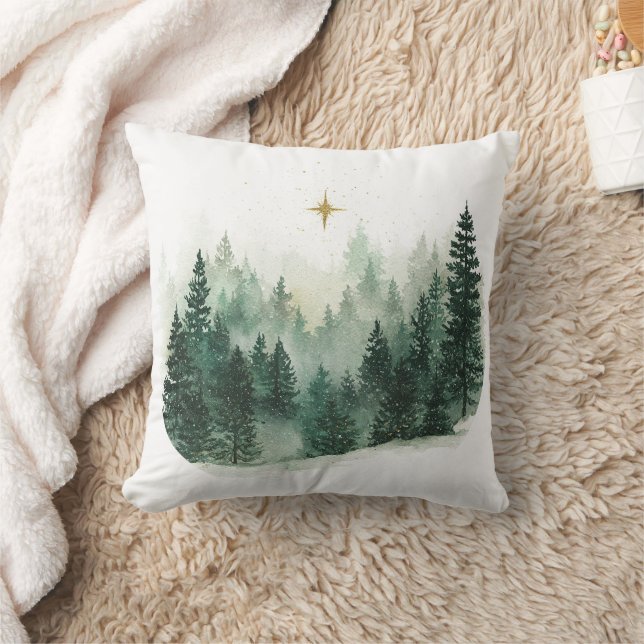 Gold Star Green Trees Christmas Throw Pillow (Blanket)