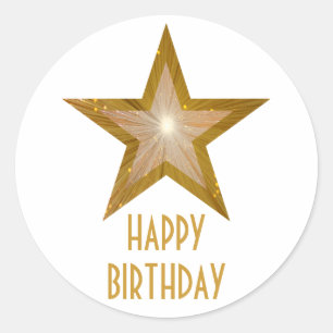 Gold Star 'Happy Birthday' autocollant rond blanc