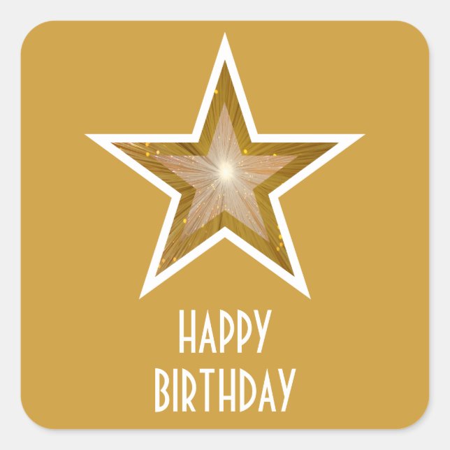 Gold Star 'Happy Birthday' square sticker yellow (Front)