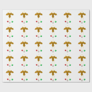 Gold Star Jingle Bells Wreath White Wrapping Paper