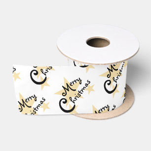 Gold Star Merry Christmas on White Ribbon Satin Ribbon