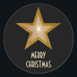 Gold Star 'Merry Christmas'' round sticker black<br><div class="desc">Modern design with a 'shining' gold and white star on a black background. Sticker with a gold and white customizable design for you to personalise with your own text, images and ideas. The text can easily be changed using the template provided or click the 'Customize It' button to make further...</div>