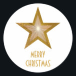Gold Star 'Merry Christmas'' round sticker white<br><div class="desc">Modern design with a 'shining' gold and white star on a white background. Sticker with a gold and white customizable design for you to personalise with your own text, images and ideas. The text can easily be changed using the template provided or click the 'Customize It' button to make further...</div>