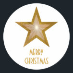 Gold Star 'Merry Christmas'' round sticker white<br><div class="desc">Modern design with a 'shining' gold and white star on a white background. Sticker with a gold and white customizable design for you to personalise with your own text, images and ideas. The text can easily be changed using the template provided or click the 'Customize It' button to make further...</div>