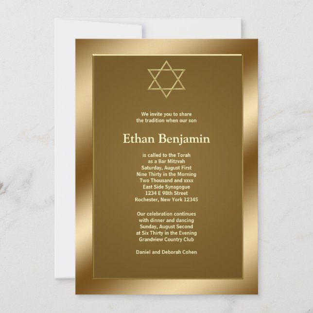 Gold Star of David Bar Mitzvah Invitation (Front)