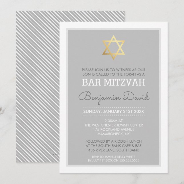 GOLD STAR OF DAVID bar mitzvah modern simple grey Invitation (Front/Back)