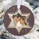 Gold Star of David Mr & Mrs First Hanukkah Photo O Ornament<br><div class="desc">Elegant Hanukkah star of David photo Hanukkah ornament. Sparkling gold stars create the star of David with a photo placeholder placed within the star of David. The reverse side features an elegant faux gold background with the words "Our first Hanukkah as". Customize with your name. Artwork by Moodthology Papery.</div>