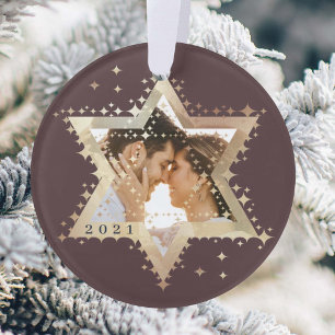Gold Star of David Mr & Mrs First Hanukkah Photo O Ornament