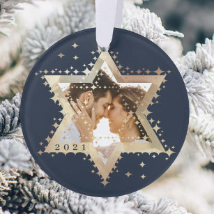 Gold Star of David Mr & Mrs First Hanukkah Photo Ornament