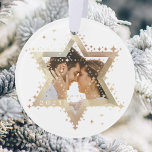 Gold Star of David Mr & Mrs First Hanukkah Photo Ornament<br><div class="desc">Elegant Hanukkah star of David photo Hanukkah ornament. Sparkling gold stars create the star of David with a photo placeholder placed within the star of David. The reverse side features an elegant faux gold background with the words "Our first Hanukkah as". Customize with your name. Artwork by Moodthology Papery.</div>