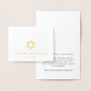 Gold Star of David real foil sympathy thank you Card