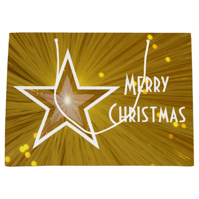 Gold Star print Merry Christmas white large Gift Bag (Front)
